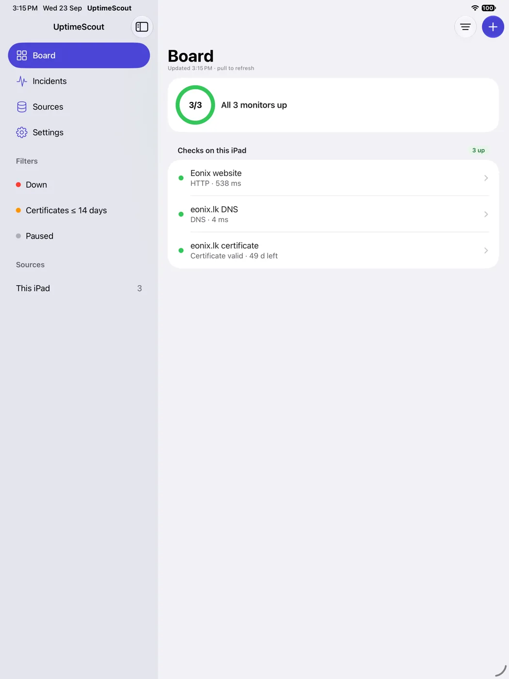 The iPad in landscape: a sidebar with Board, Incidents, Sources and Settings, filters for Down, Certificates expiring within 14 days and Paused, and a sources list, beside the board showing three of three monitors up.