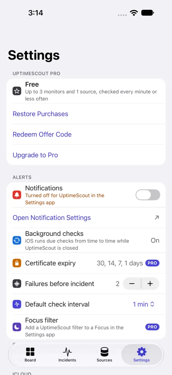 Settings on iPhone. A section headed UptimeScout Pro shows the current plan as Free — up to 3 monitors and 1 source, checked every minute or less often — above Restore Purchases, Redeem Offer Code and Upgrade to Pro. An Alerts section below lists notifications, background checks, certificate expiry at 30, 14, 7 and 1 days, failures before incident set to 2, the default check interval, and a Focus filter, with the Pro-only rows badged PRO.